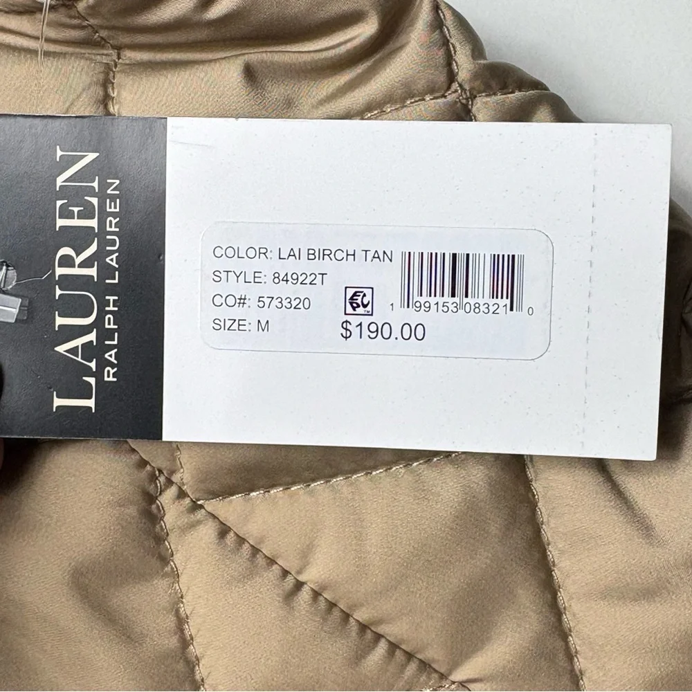 NWT Lauren Ralph Lauren Birch Tan Crest-Patch Quilted Vest Size M Lightweight
